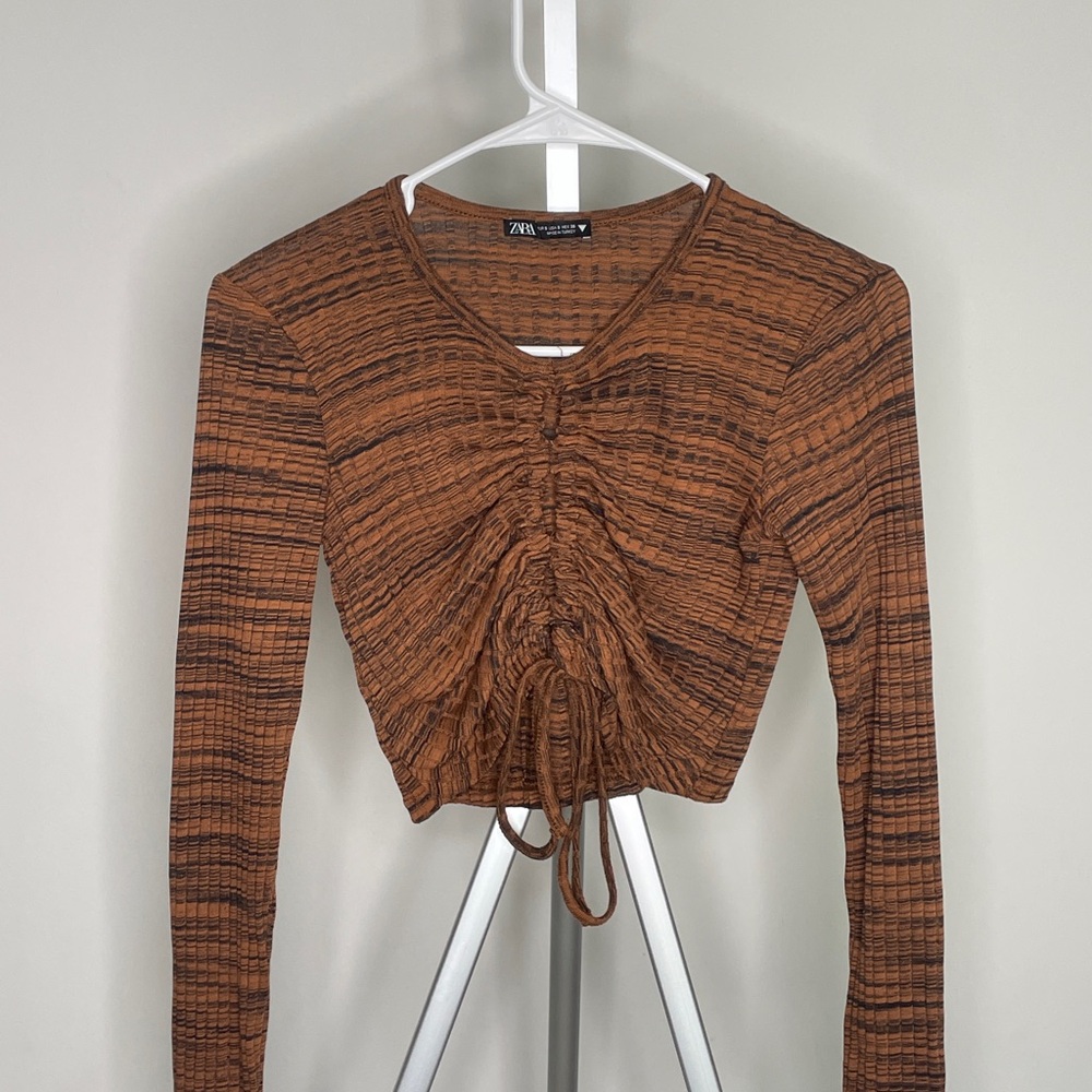 Zara Textured Brown Long Sleeve Blouse